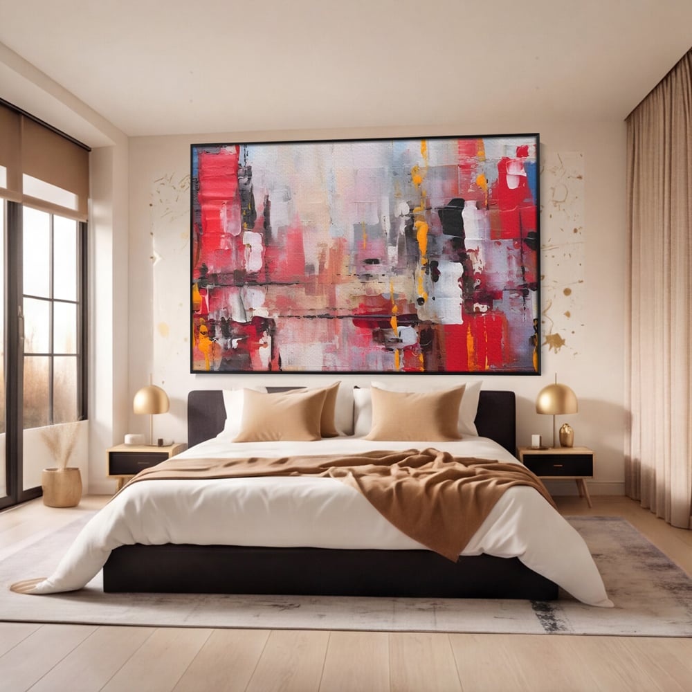 Tablou canvas cu pictura abstracta cu pete de rosu si galben, in rama de aluminiu negru, pe perete intr-un dormitor
